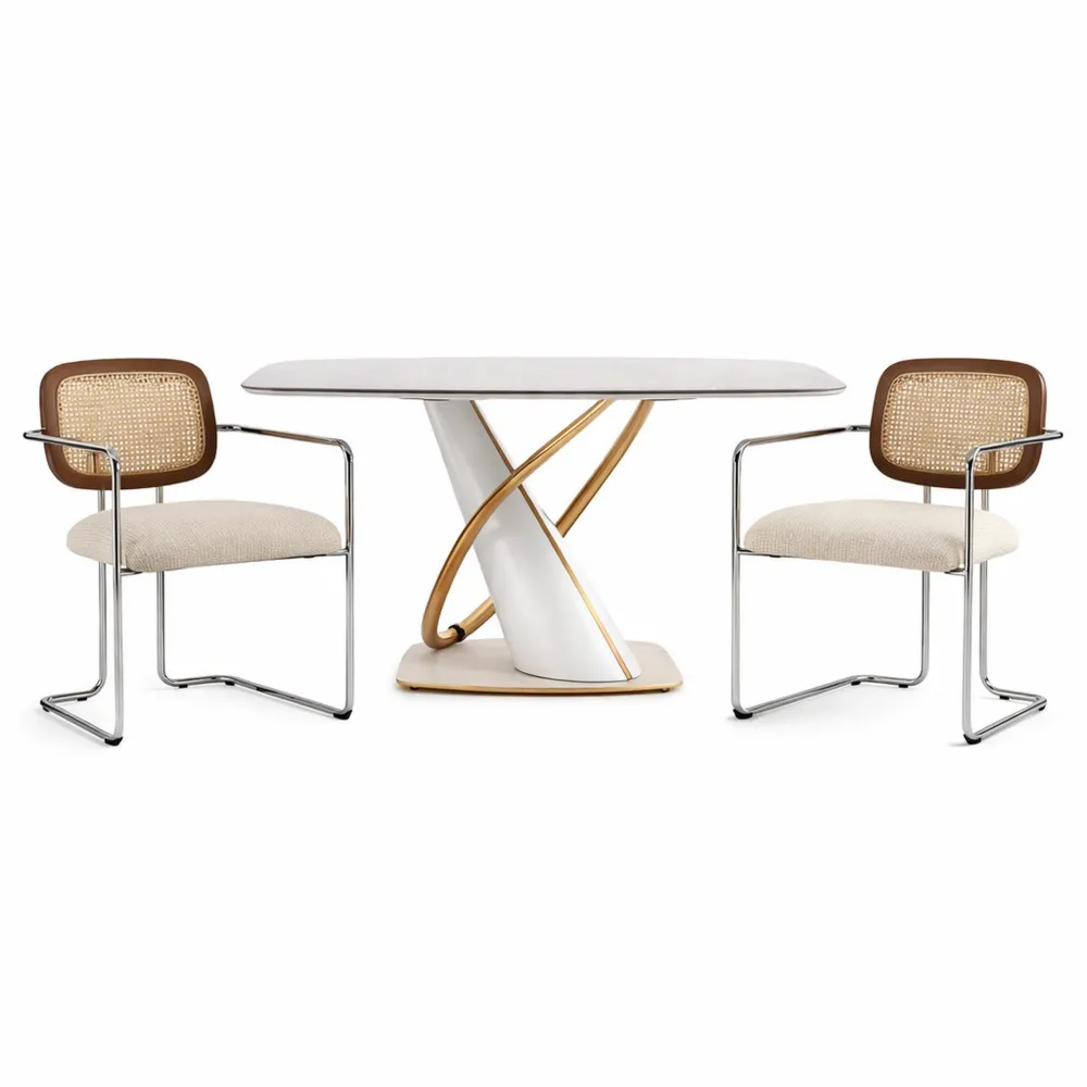 Lot de 2 chaises de salle à manger en rotin et fausse fourrure avec pieds en métal, blanc