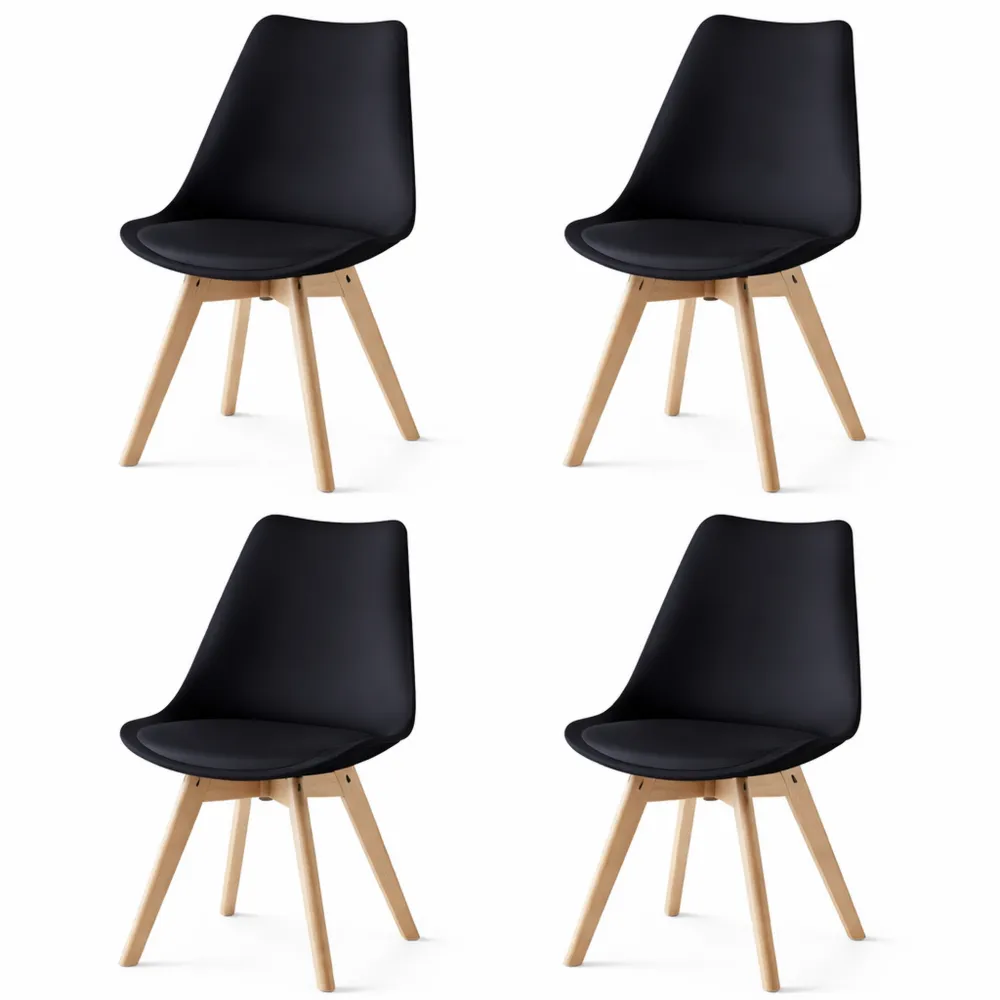 Chaises ergonomiques noires avec pieds en bois et coussin intégré, lot de 4
