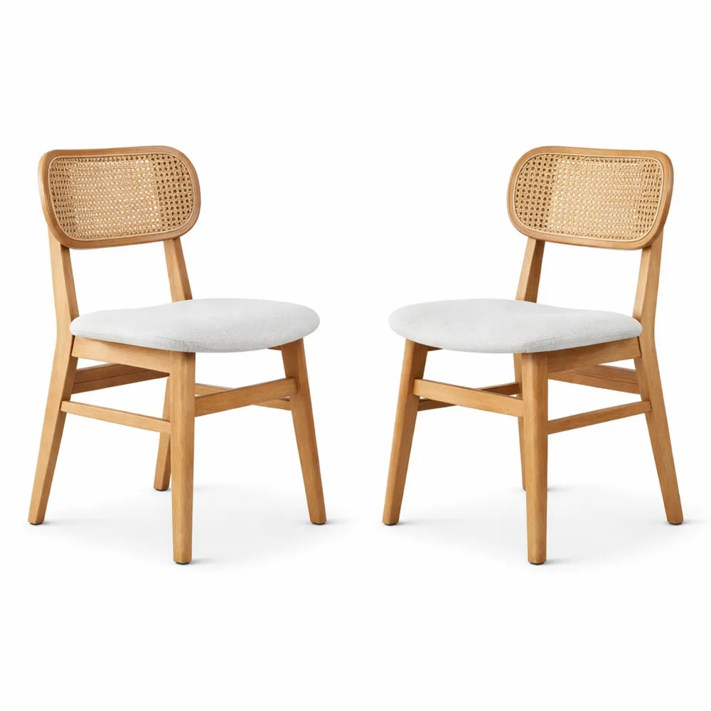 Chaises de Salle à Manger Fausse Fourrure et Rotin, Pieds en Bois, Lot de 2