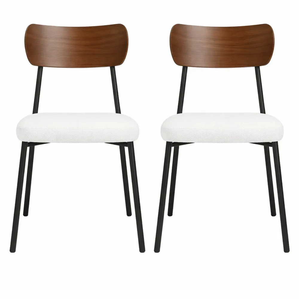 Paire de chaises rembourrées vintage pour salle à manger, dossier courbé effet bois, crème et marron