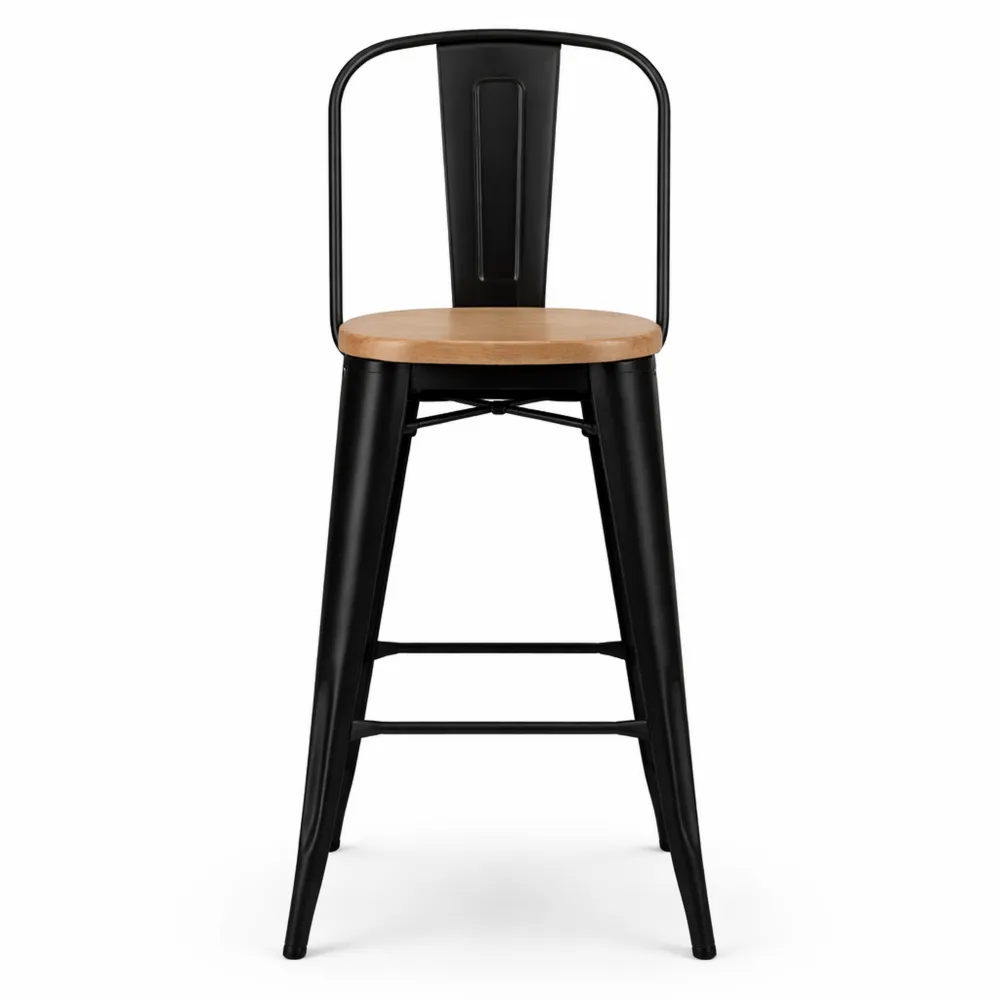 Tabouret de Bar Industriel en Métal Noir et Bois Clair