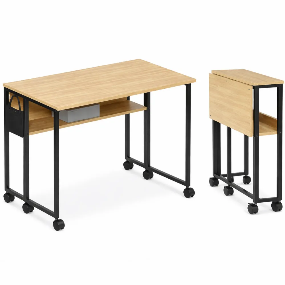 Table d'ordinateur pliable avec roulettes et étagère, idéale pour petits espaces