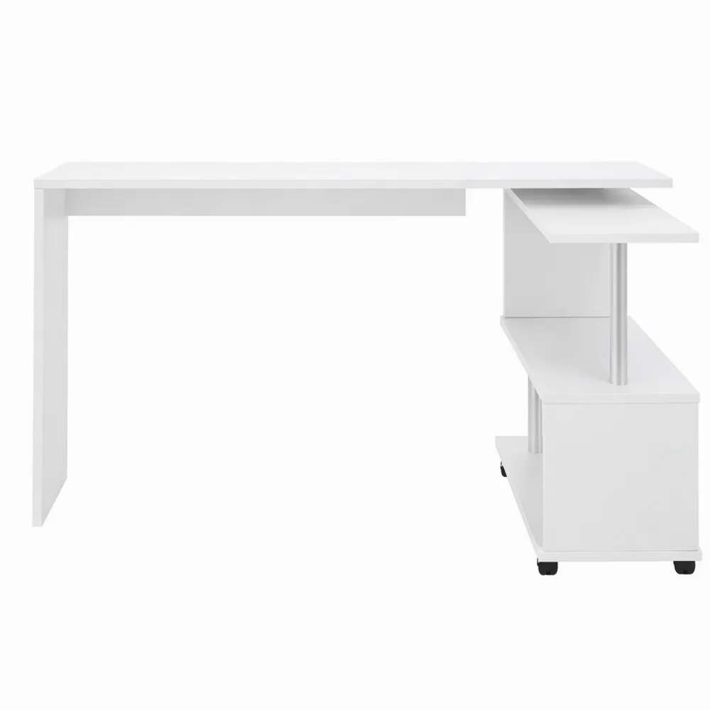 Bureau d'angle pivotant en L avec roulettes, MDF blanc, 150x88x75 cm