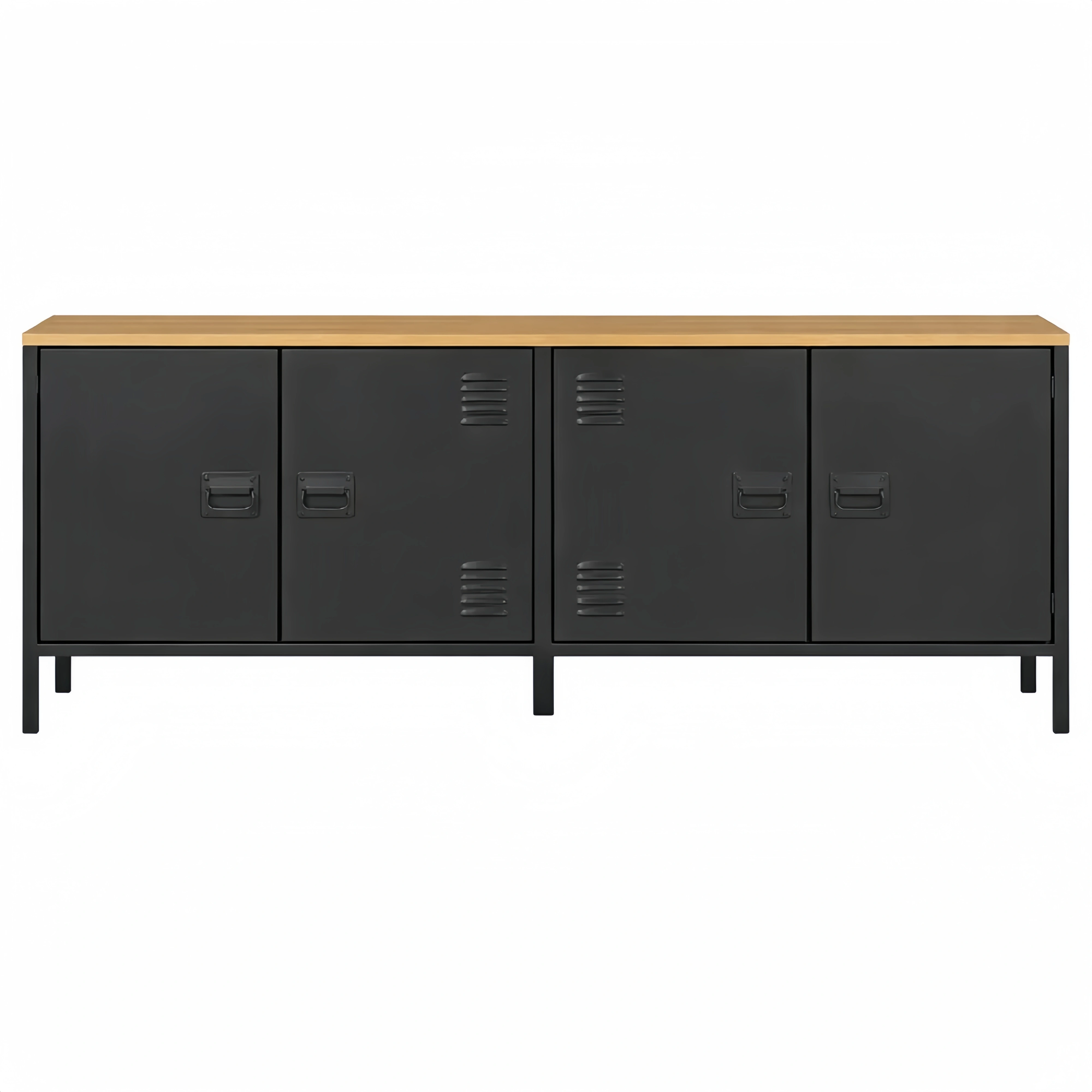 Buffet Bas Industriel en Métal Noir avec Plateau en Bois