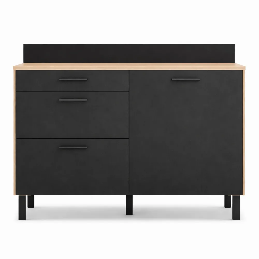 Buffet de Cuisine 120 cm avec Porte et Tiroirs en Bois et Noir