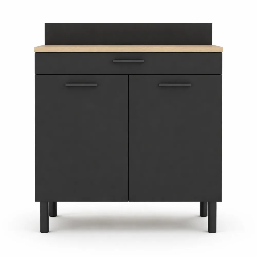 Buffet de Cuisine 80 cm avec Plan de Travail, 2 Portes et Tiroir, Finition Hêtre et Noir