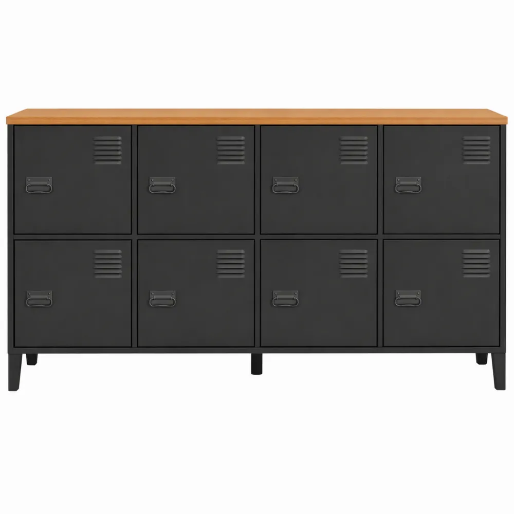 Buffet industriel en métal noir avec plateau en bois, 8 portes, 139 cm