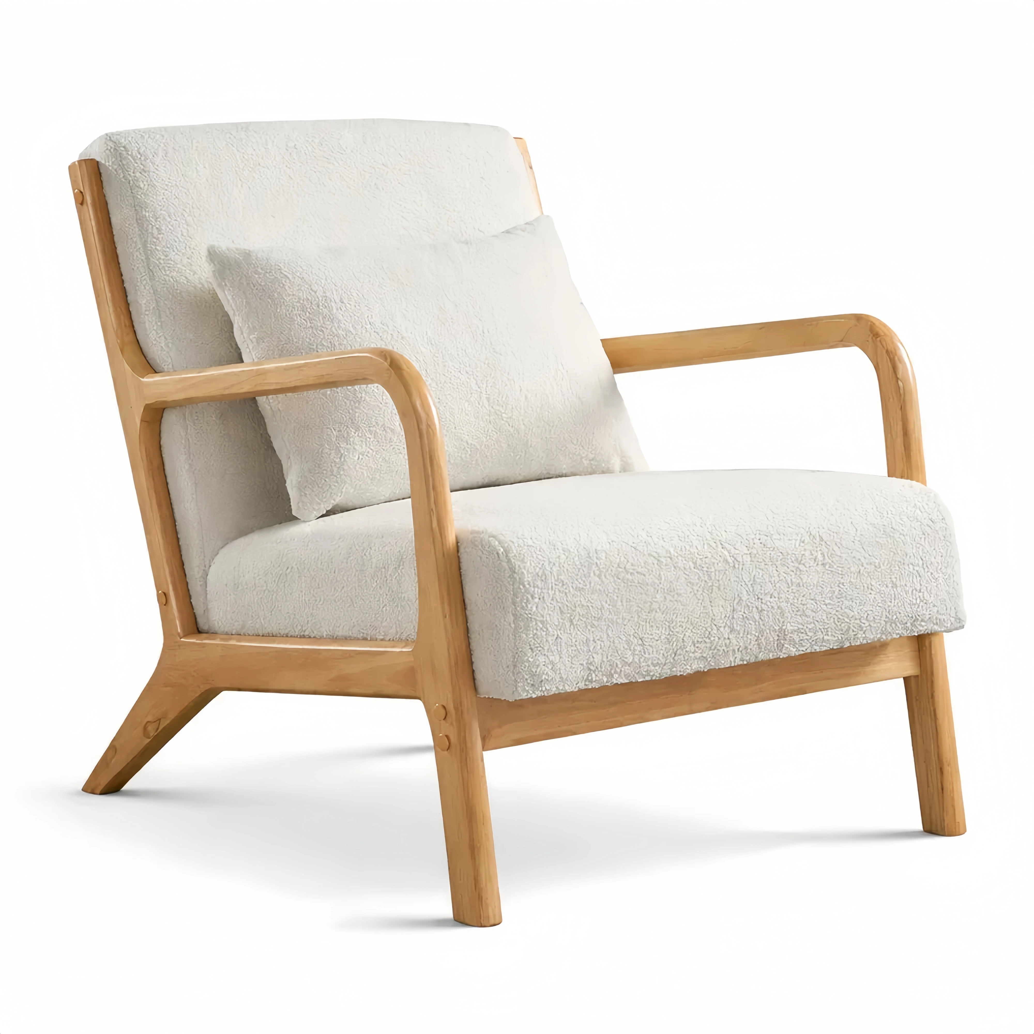 Fauteuil cocooning scandinave blanc en tissu bouclette avec accoudoirs en bois