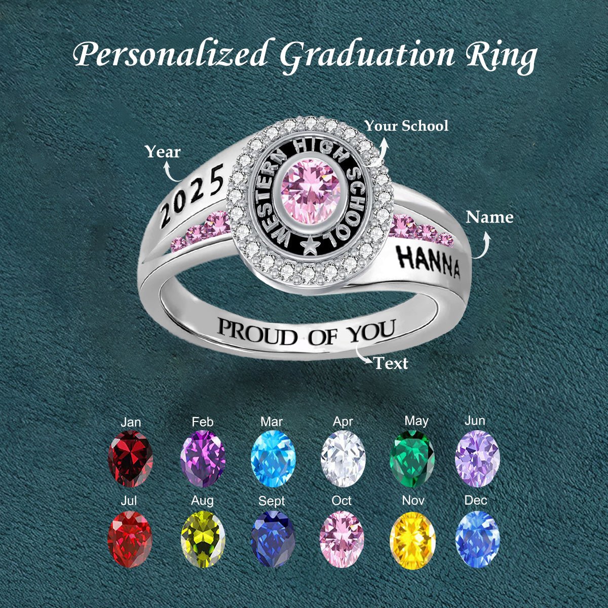 Personalized Engraved Birthstone Graduation Ring Gift for Graduates - Canvasgiftco