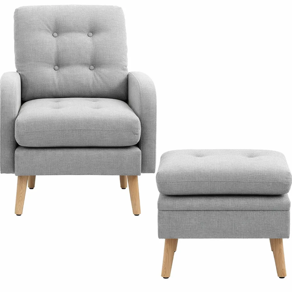 Fauteuil de Relaxation avec Repose-Pied et Rangement, Tissu Lin Gris Clair