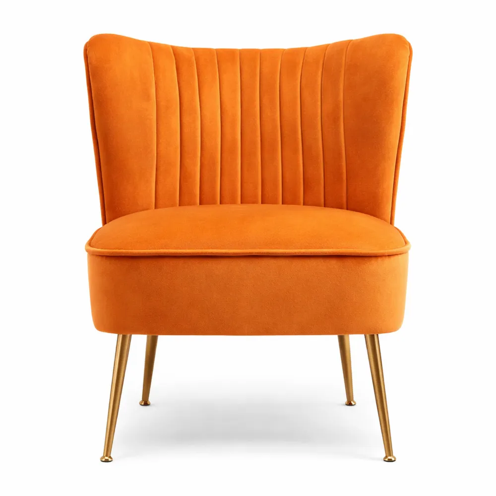 Fauteuil en velours confortable avec pieds dorés et siège épais, orange