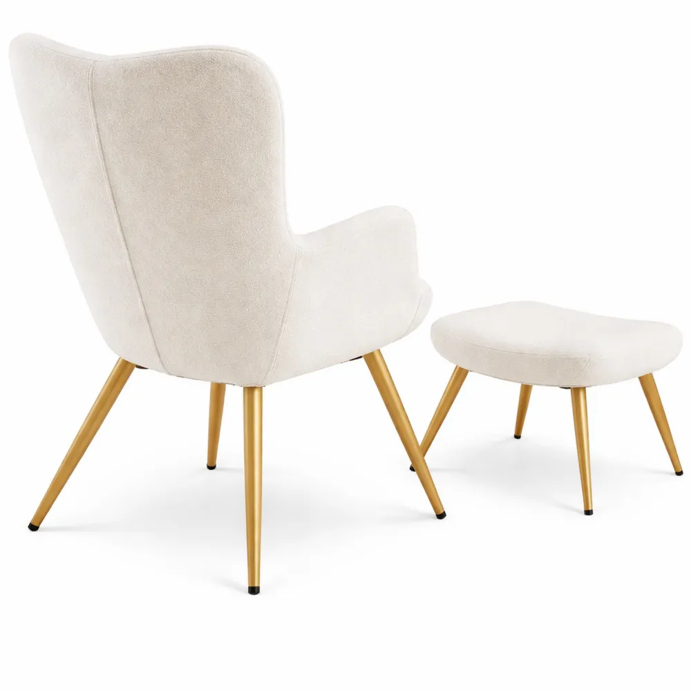 Fauteuil confortable en tissu bouclé avec repose-pieds doré pour salon ou bureau