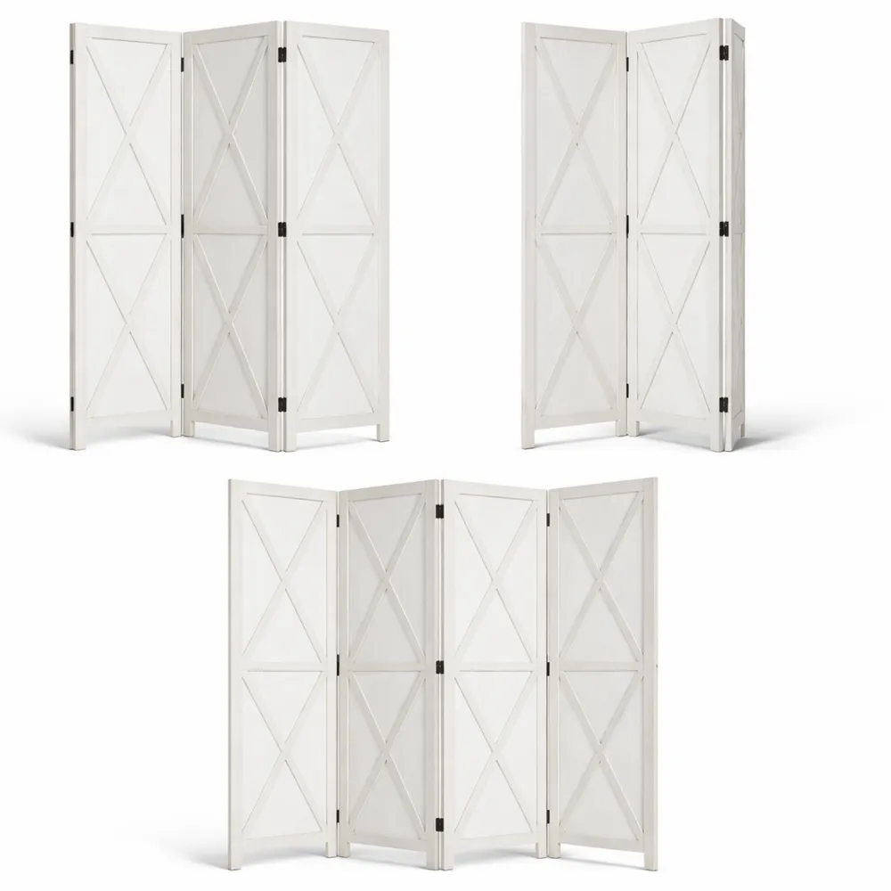 Écran de séparation 4 panneaux style rustique chic blanc