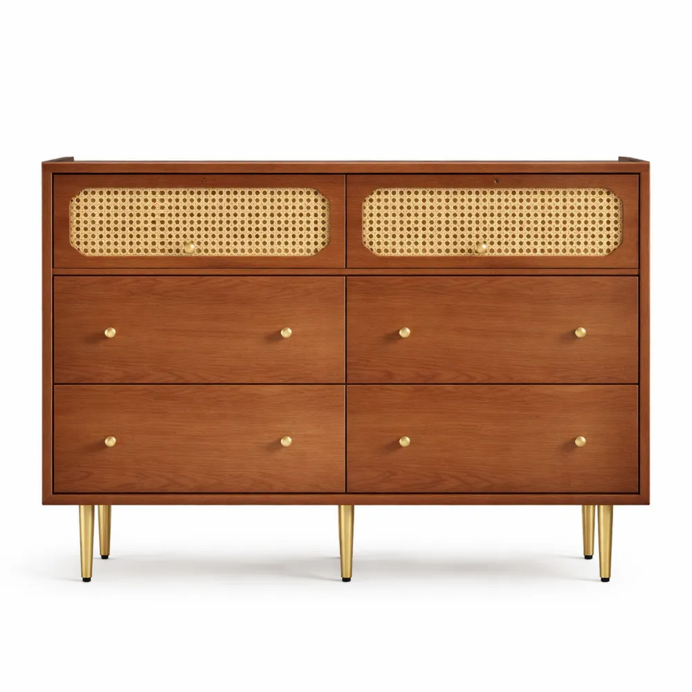 Buffet en rotin avec 6 tiroirs pour chambre et salon, finition noyer