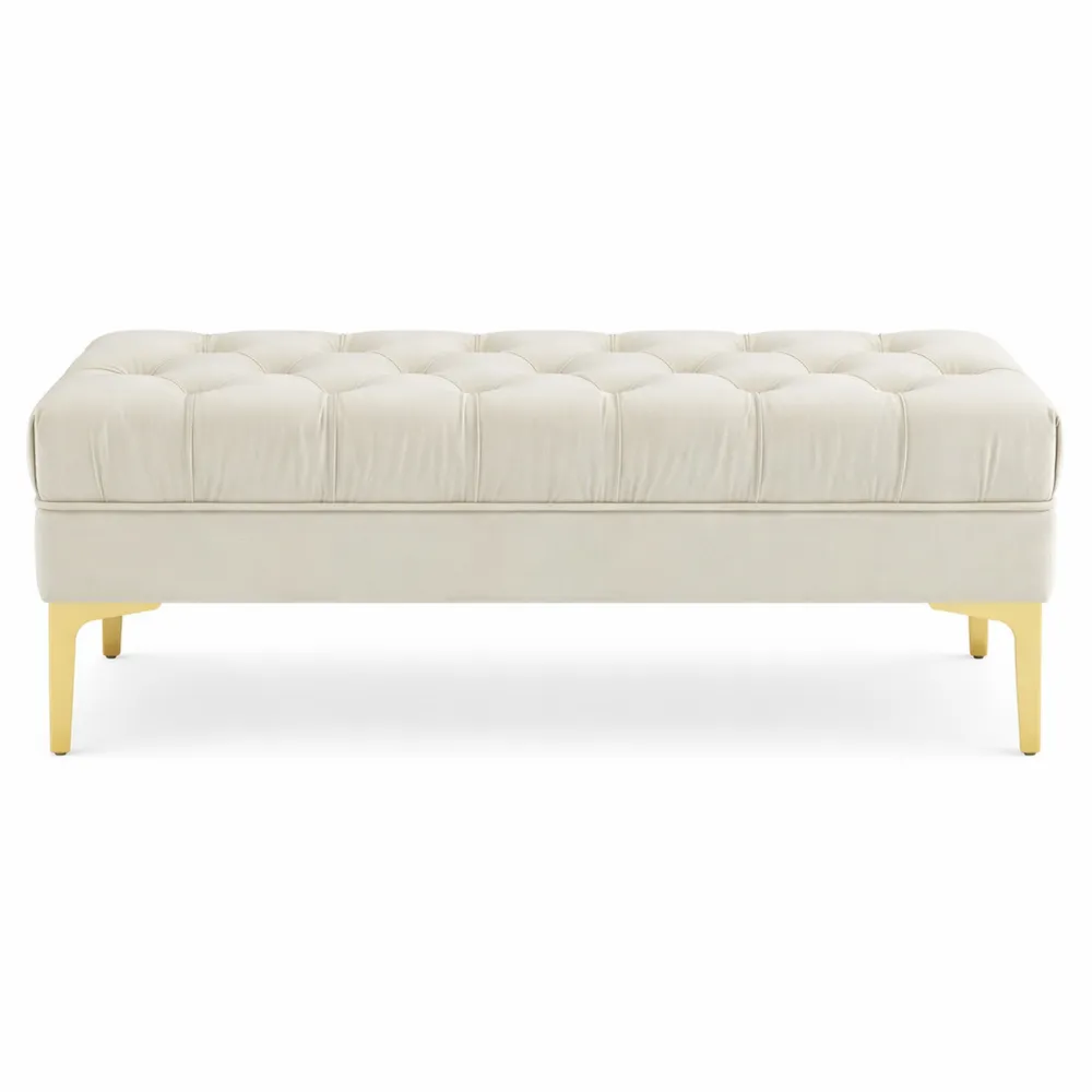 Banquette capitonnée style classique chic en velours beige avec pieds en métal doré - Dimensions 118L x 45l x 42H cm