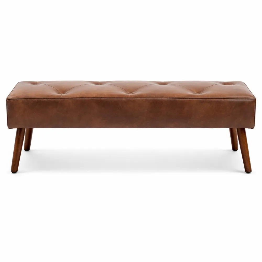 Banquette capitonnée vintage en simili cuir avec pieds en bois