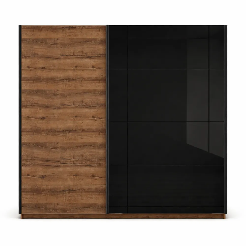 Armoire industrielle à portes coulissantes avec étagères en bois foncé pour chambre