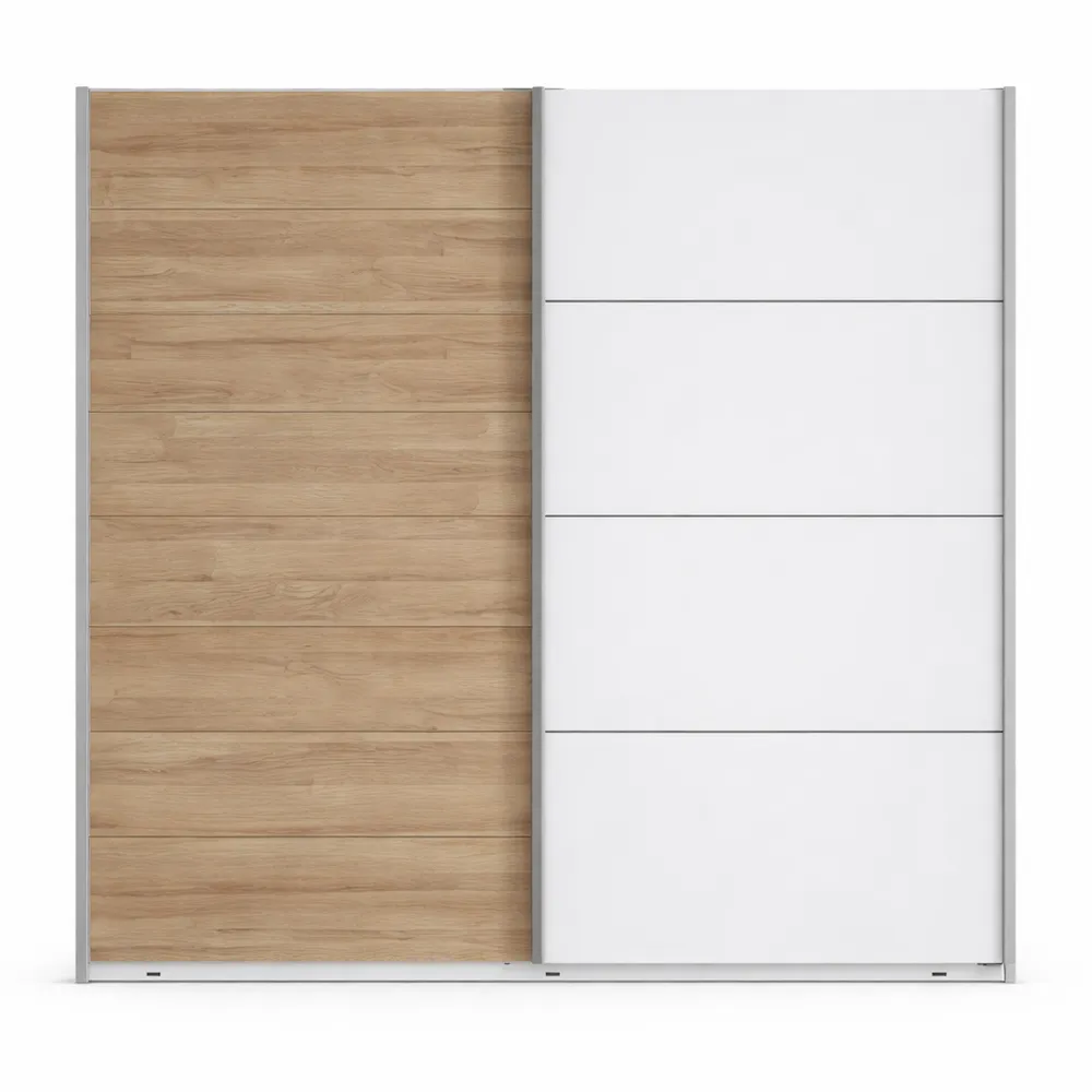 Armoire Scandinave avec Portes Coulissantes et Étagères, 2 Portes, Blanc et Chêne Bianco