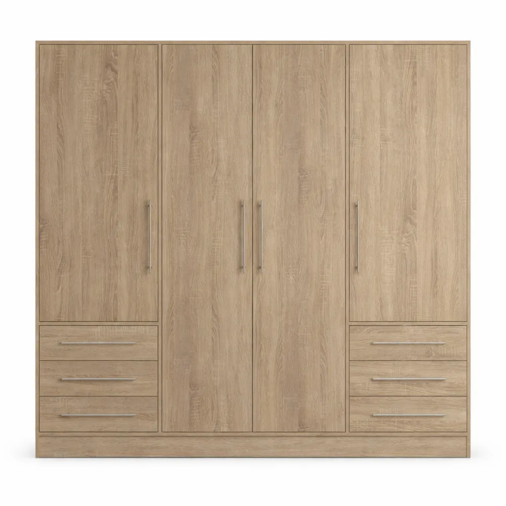 Armoire à portes battantes 4 portes avec tiroirs et étagères chêne