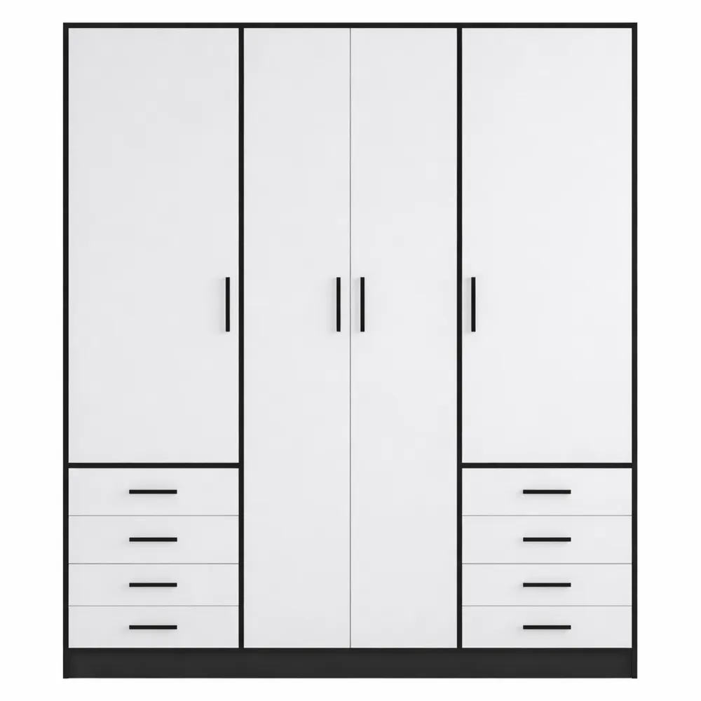 Armoire à portes battantes 4 portes avec tiroirs et étagères noir et blanc