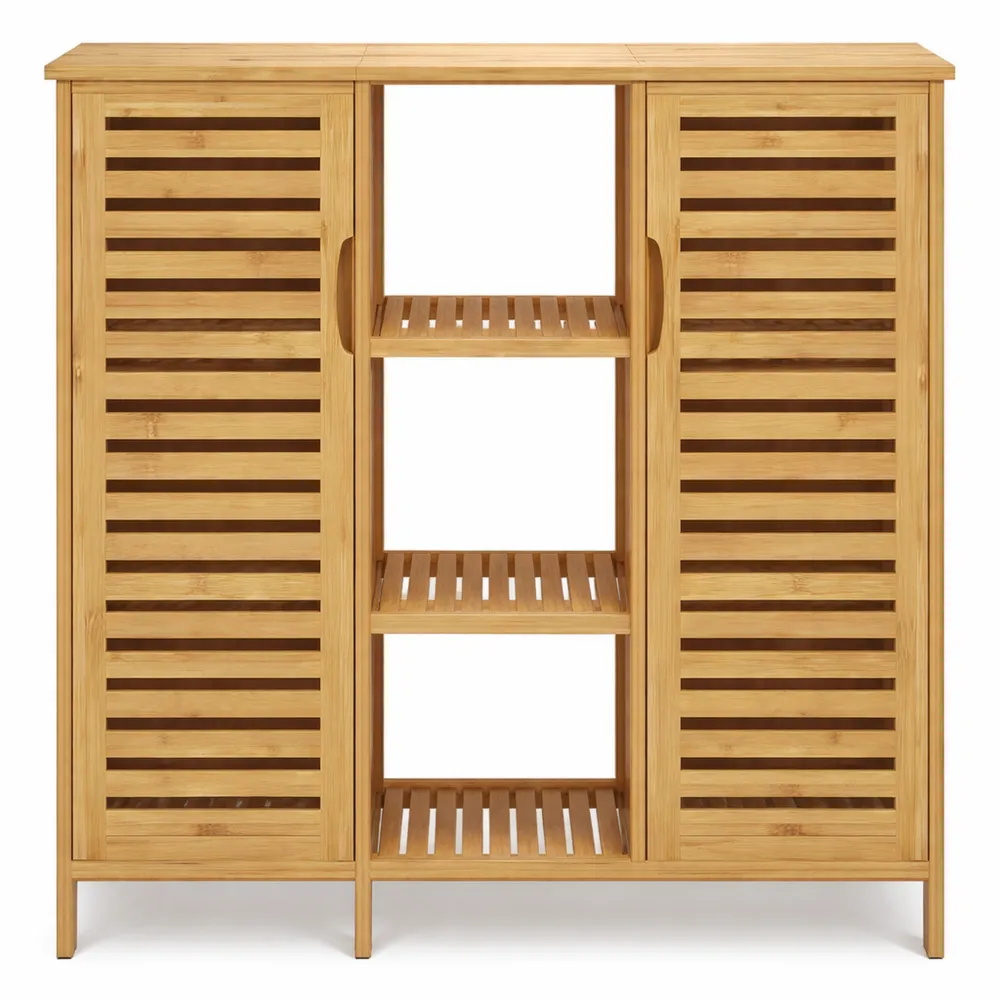 Armoire de Rangement en Bambou avec Étagères et Portes à Persiennes