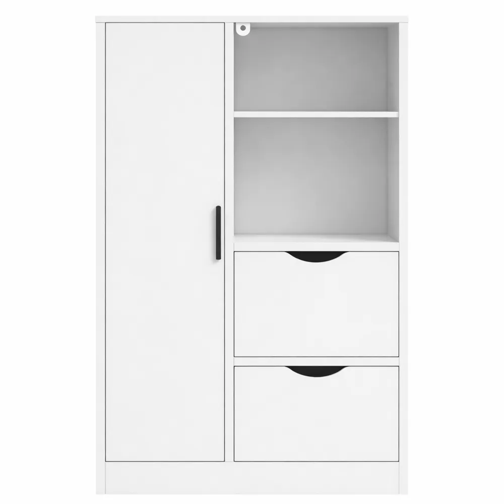 Armoire de rangement étroite avec tiroirs et compartiments ouverts, blanc