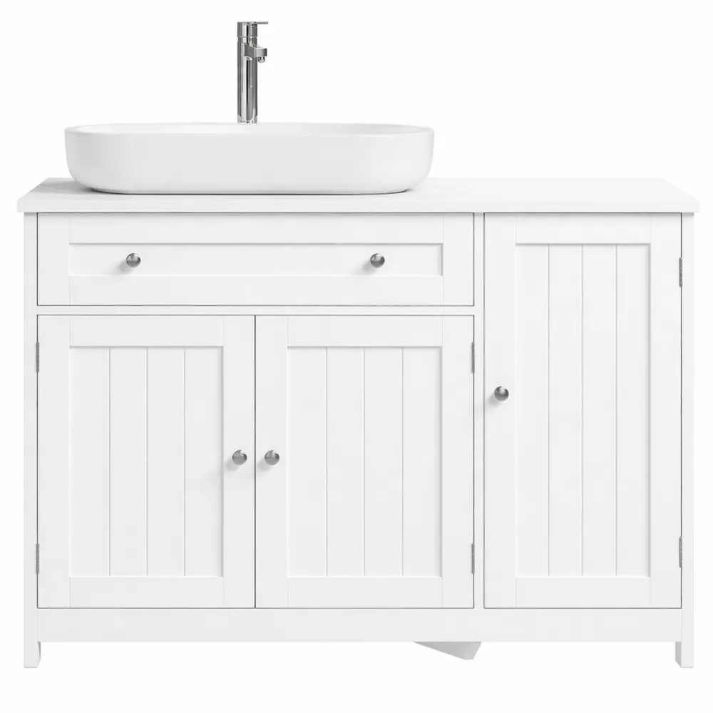 Armoire de Salle de Bain sous Lavabo, 3 Portes et 1 Tiroir, Étagère Ajustable, Blanc