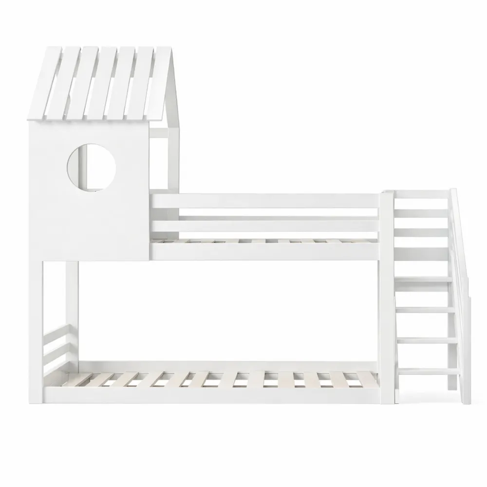 Lit enfant avec toboggan et échelle, tableau à dessin intégré, protection antichute, sommier inclus, blanc