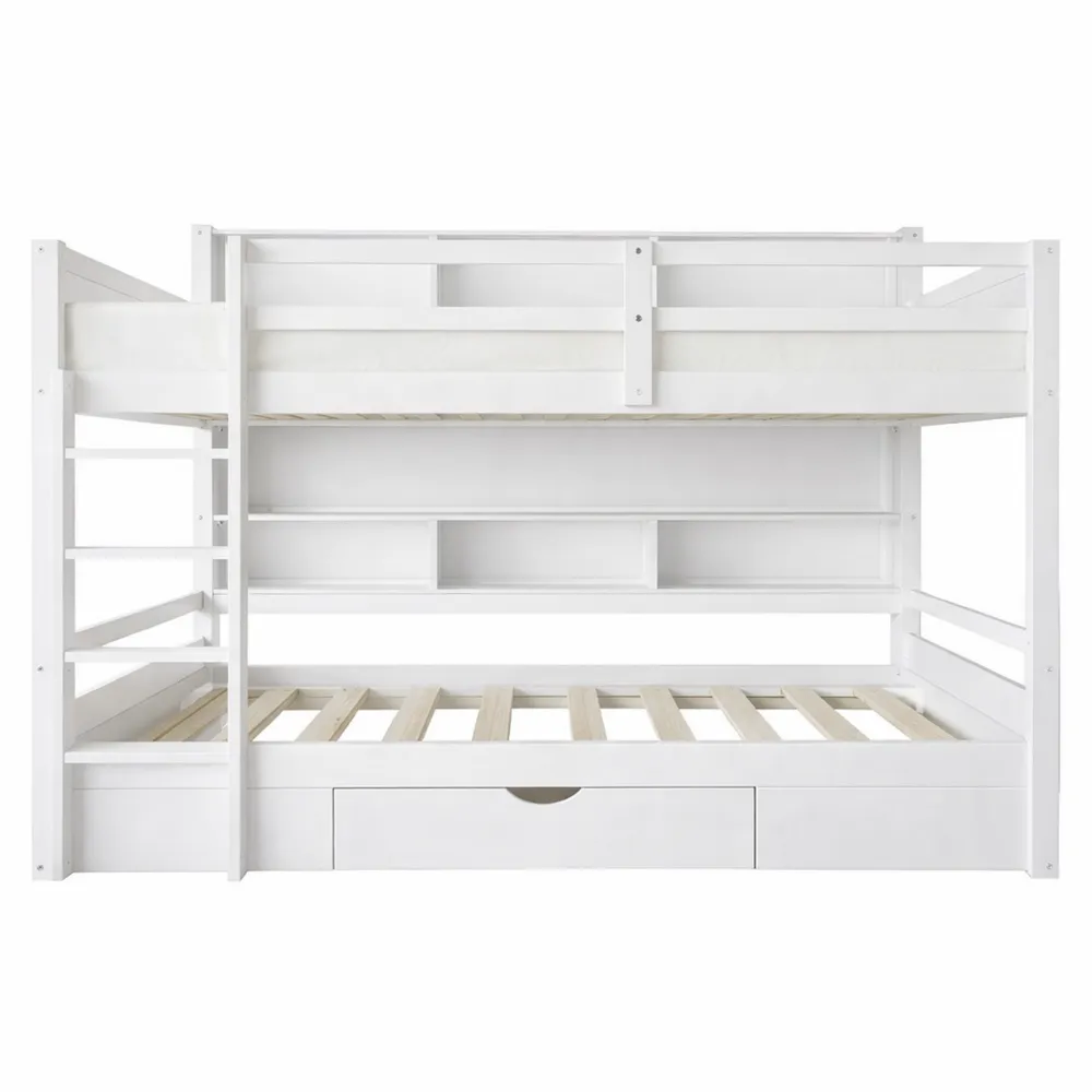 Lit mezzanine avec tiroirs et rangements, échelle et barrière de sécurité, 90x200 cm, blanc