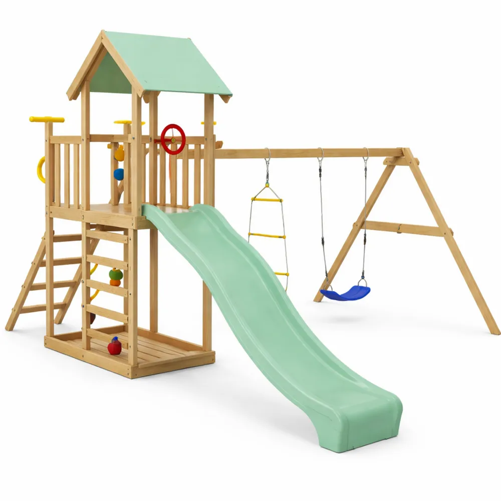 Aire de jeux avec balançoire, toboggan et tour d'escalade pour enfants