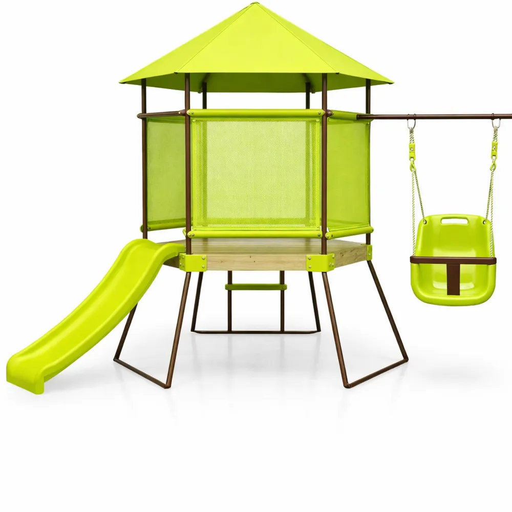 Aire de Jeu Extérieure avec Toboggan et Balançoire, Structure Solide et Auvent