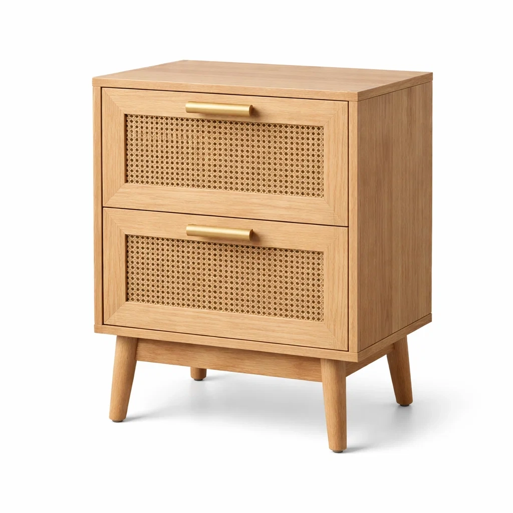 Nachttisch aus Holz mit Rattangeflecht Beige mit zwei Schubladen