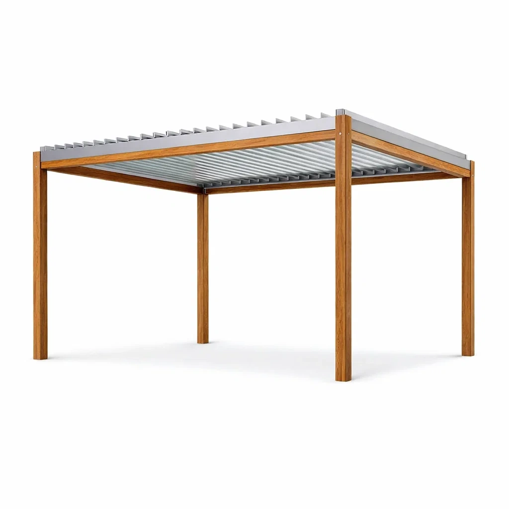 Aluminium Pergola mit Holzeffekt Rahmen und Aluminiumlamellen Grau