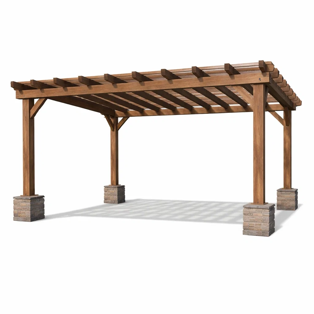 Holz Pergola mit Natursteinbasis Braun