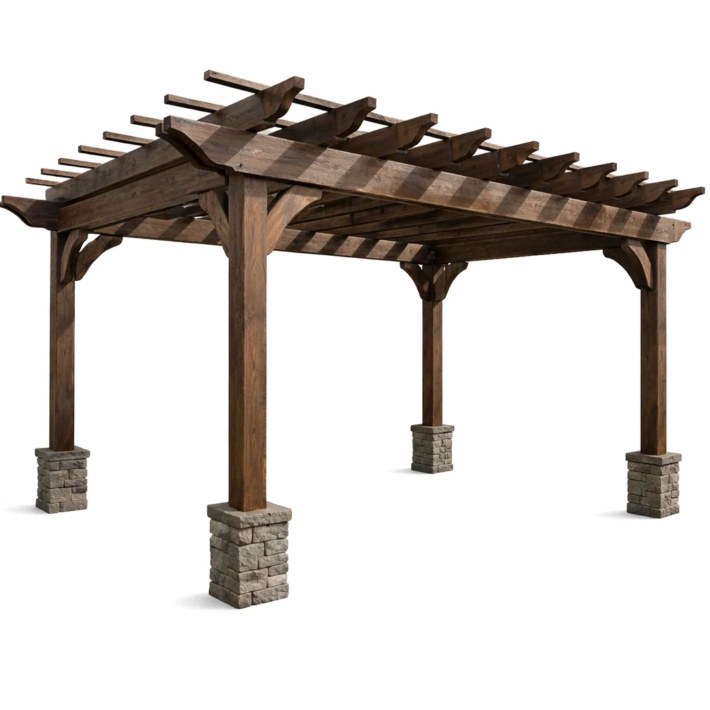 Pergola aus Holz mit Steinsockeln Braun