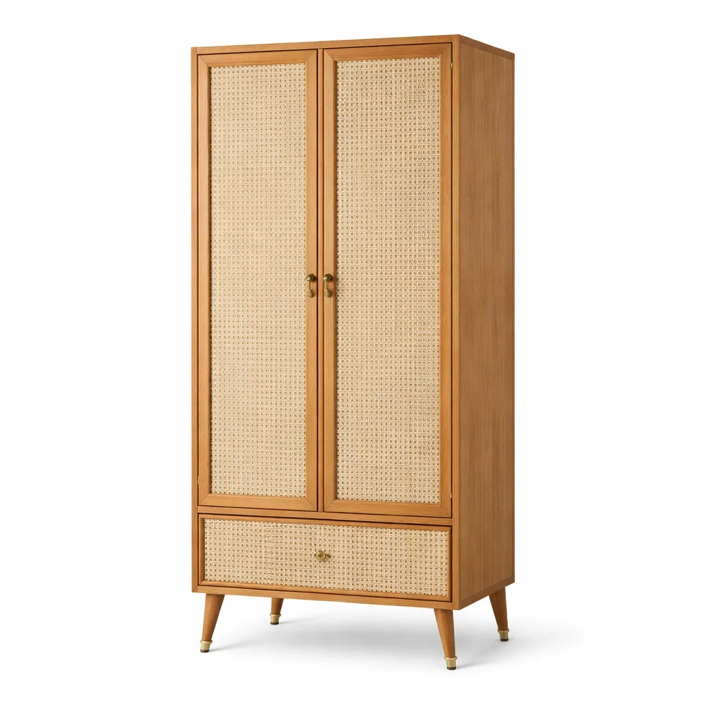 Kleiderschrank aus Holz mit Rattan zwei Türen eine Schublade