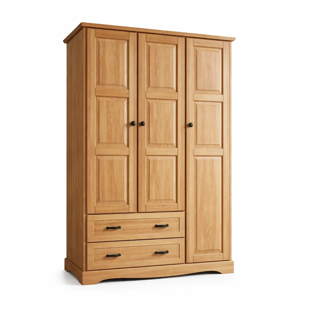 Kleiderschrank aus Eiche Massivholz mit drei Türen und zwei Schubladen