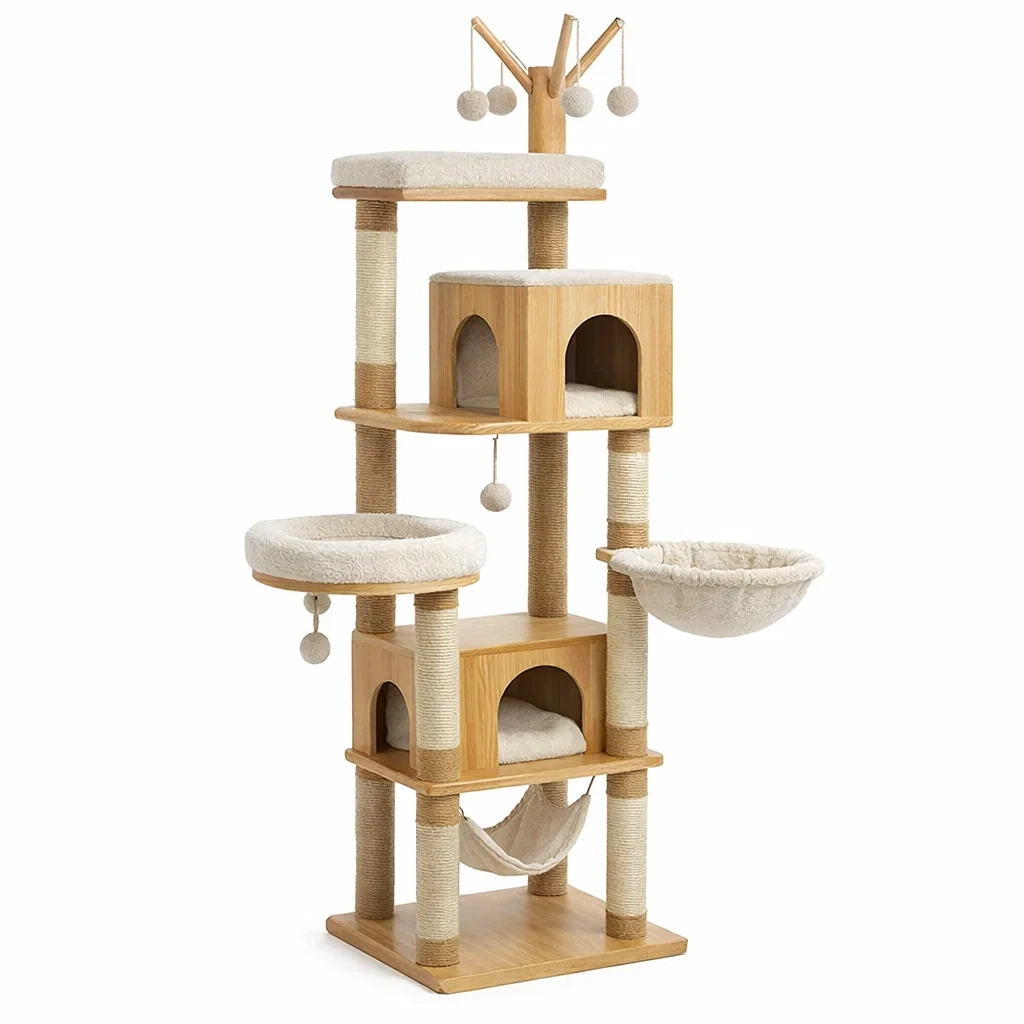 Kratzbaum aus Bambus Sisal und Plüsch Beige