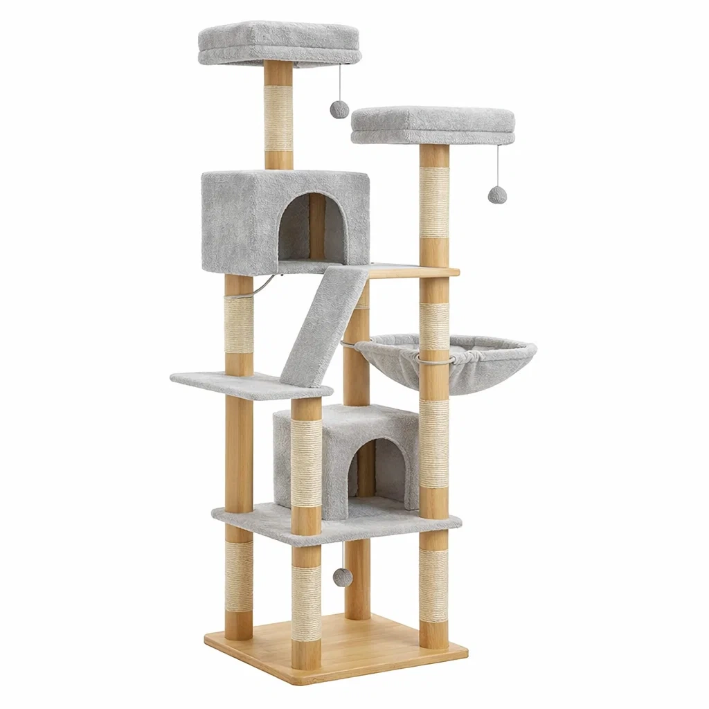 Kratzbaum aus Holz und Plüsch Grau