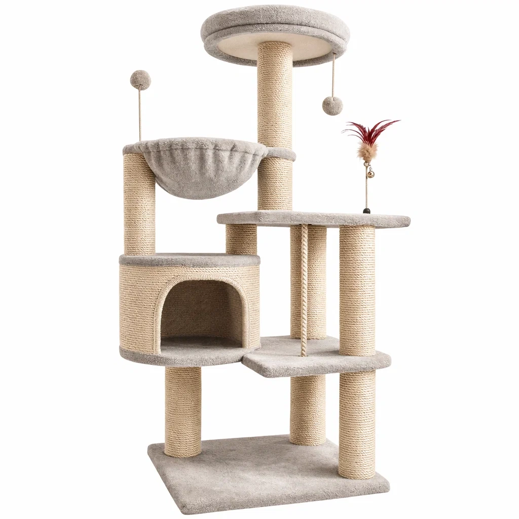 Kratzbaum aus Sisal und Plüsch Hellgrau