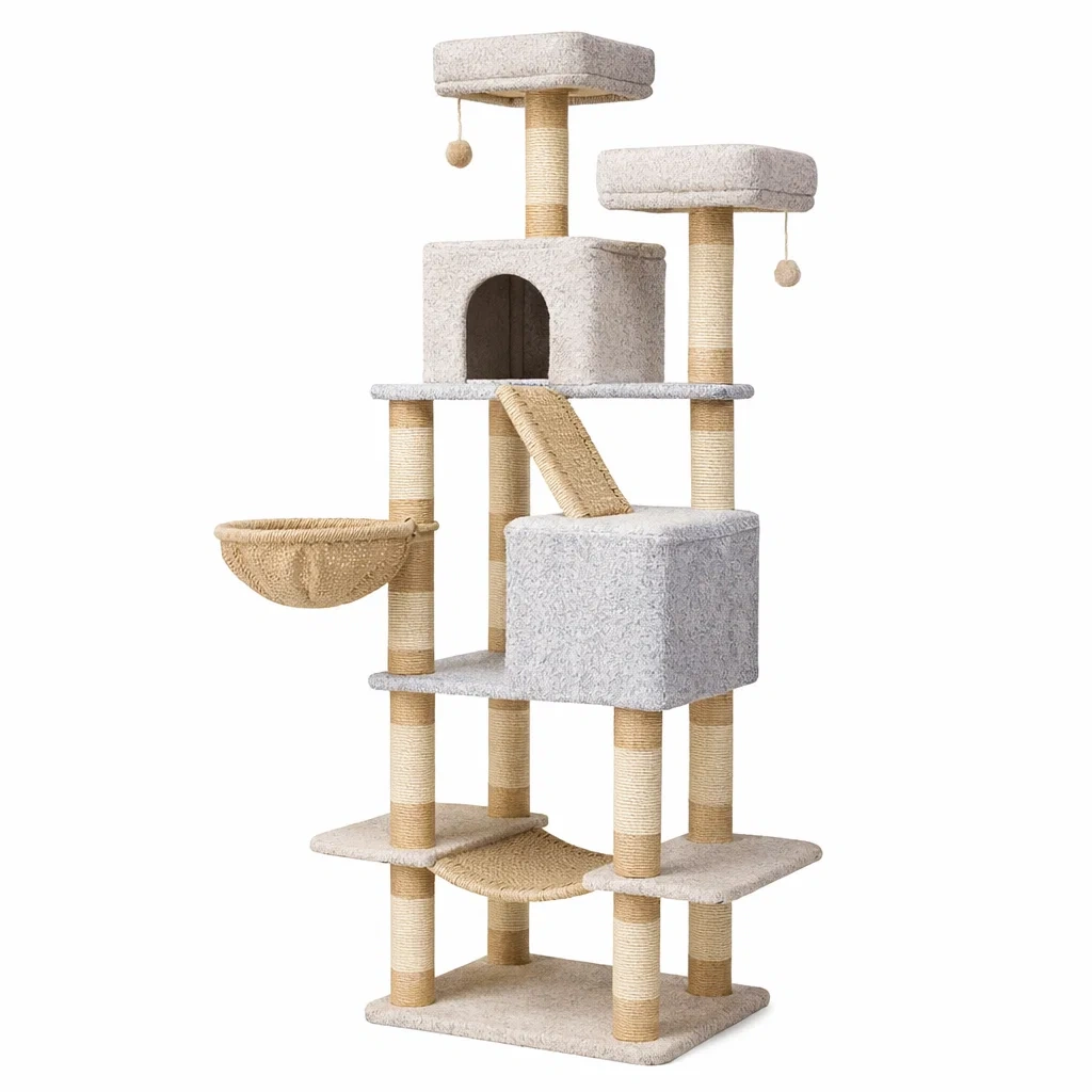 Kratzbaum aus Holz und Sisal Beige Grau mit Höhle