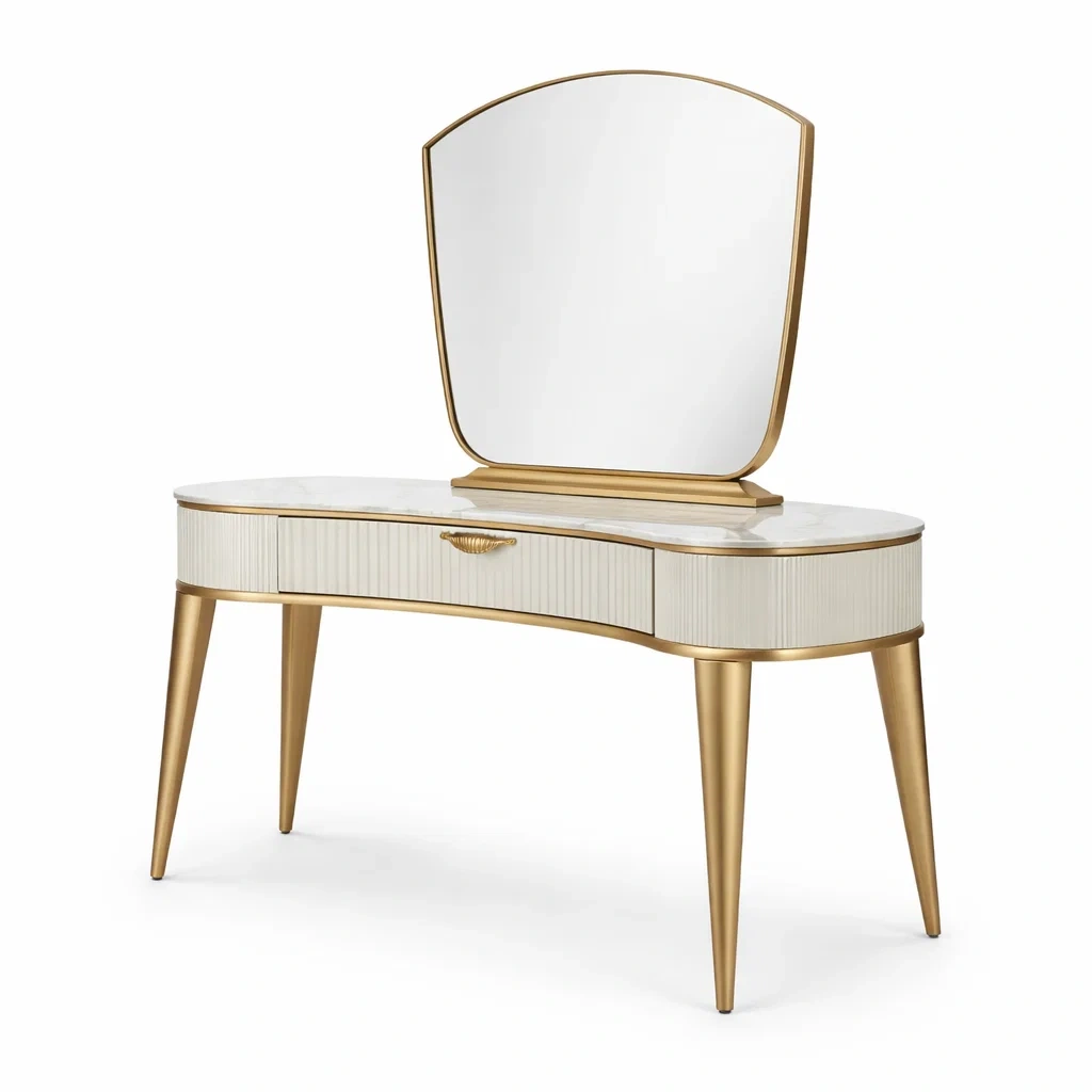 Schminktisch aus MDF Weiß Gold mit Spiegel
