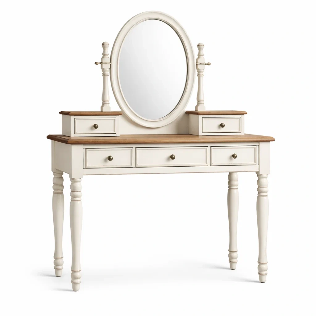 Schminktisch aus Holz mit ovalem Spiegel Weiß Braun
