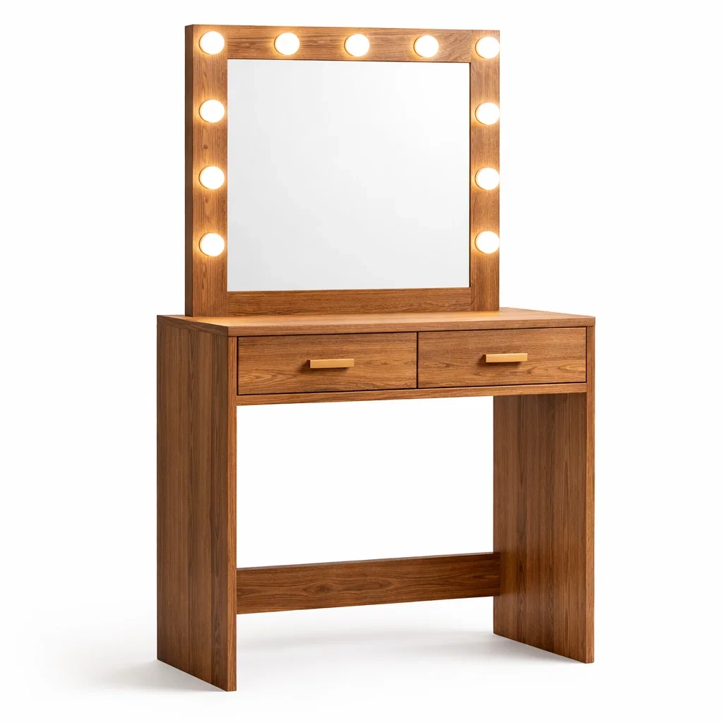 Schminktisch aus MDF mit Spiegel und LED Beleuchtung in Holzoptik mit zwei Schubladen