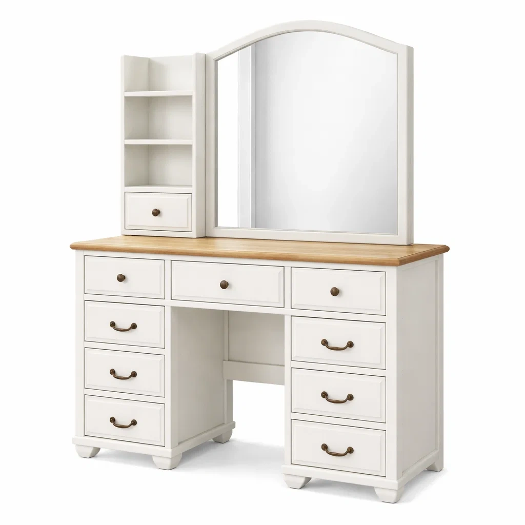 Schminktisch aus MDF und Massivholz Weiß mit Spiegel