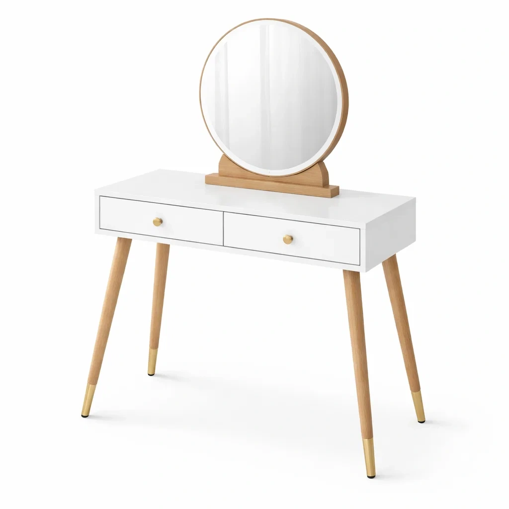 Schminktisch aus Holz Weiß mit Rundspiegel und Schubladen