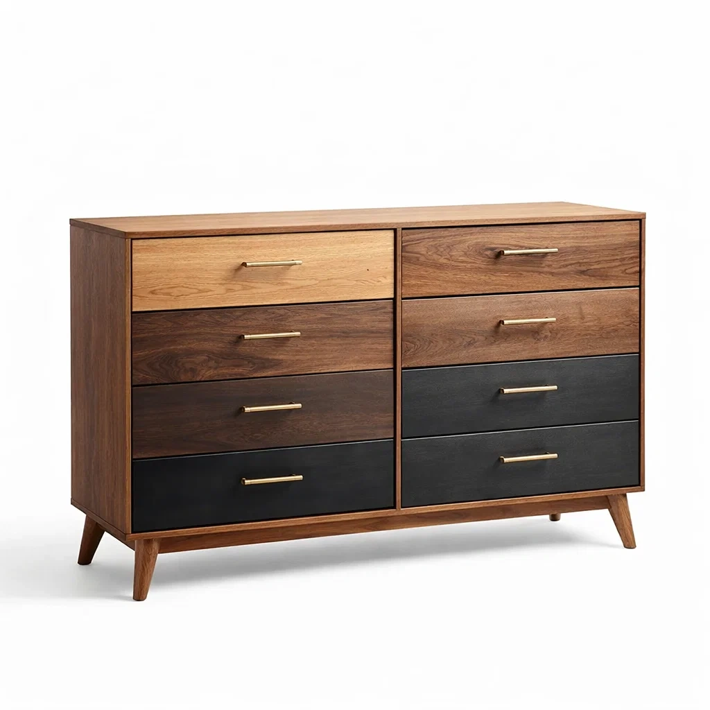 Schubladenschrank aus Walnussholz Natur Schwarz mit acht Schubladen