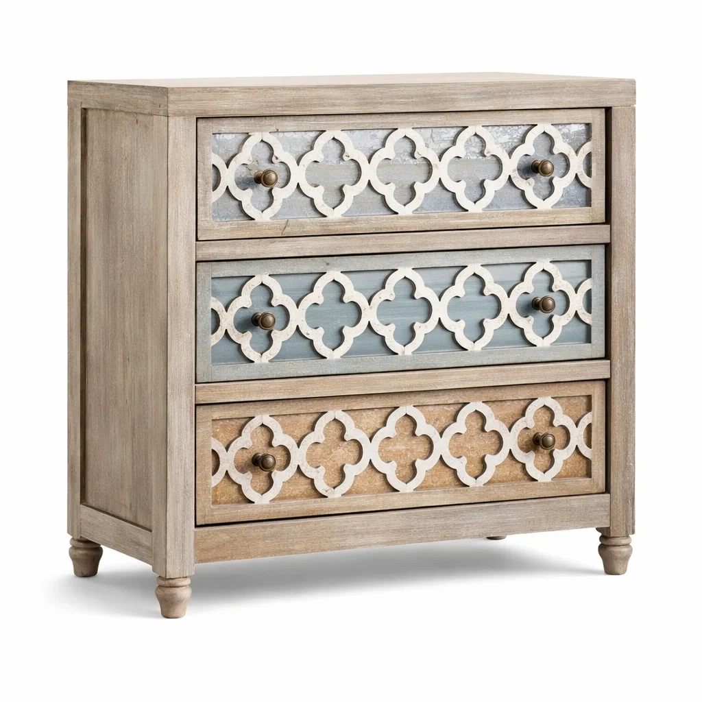 Schubladenschrank aus MDF Beige Blau mit drei Schubladen