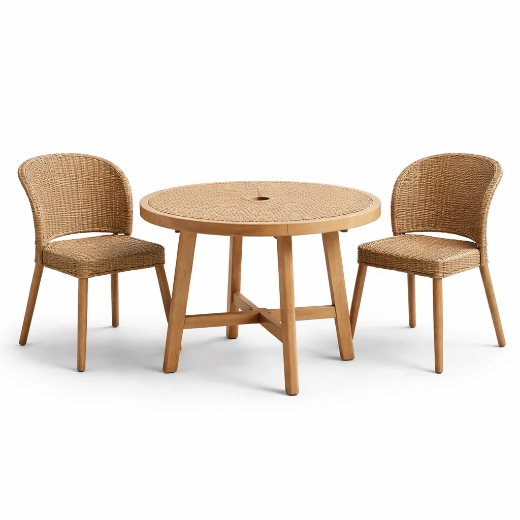 Terrassenmöbel Set Rund aus Teakholz und PE Rattan Natur