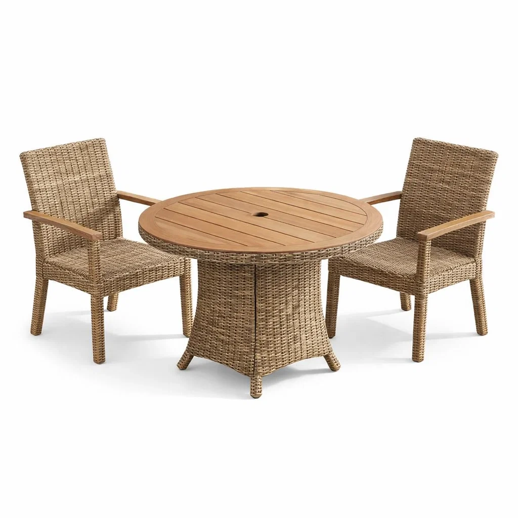 Terrassenmöbel Set mit rundem Tisch aus Holz und 2 Stühlen aus Polyrattan Natur